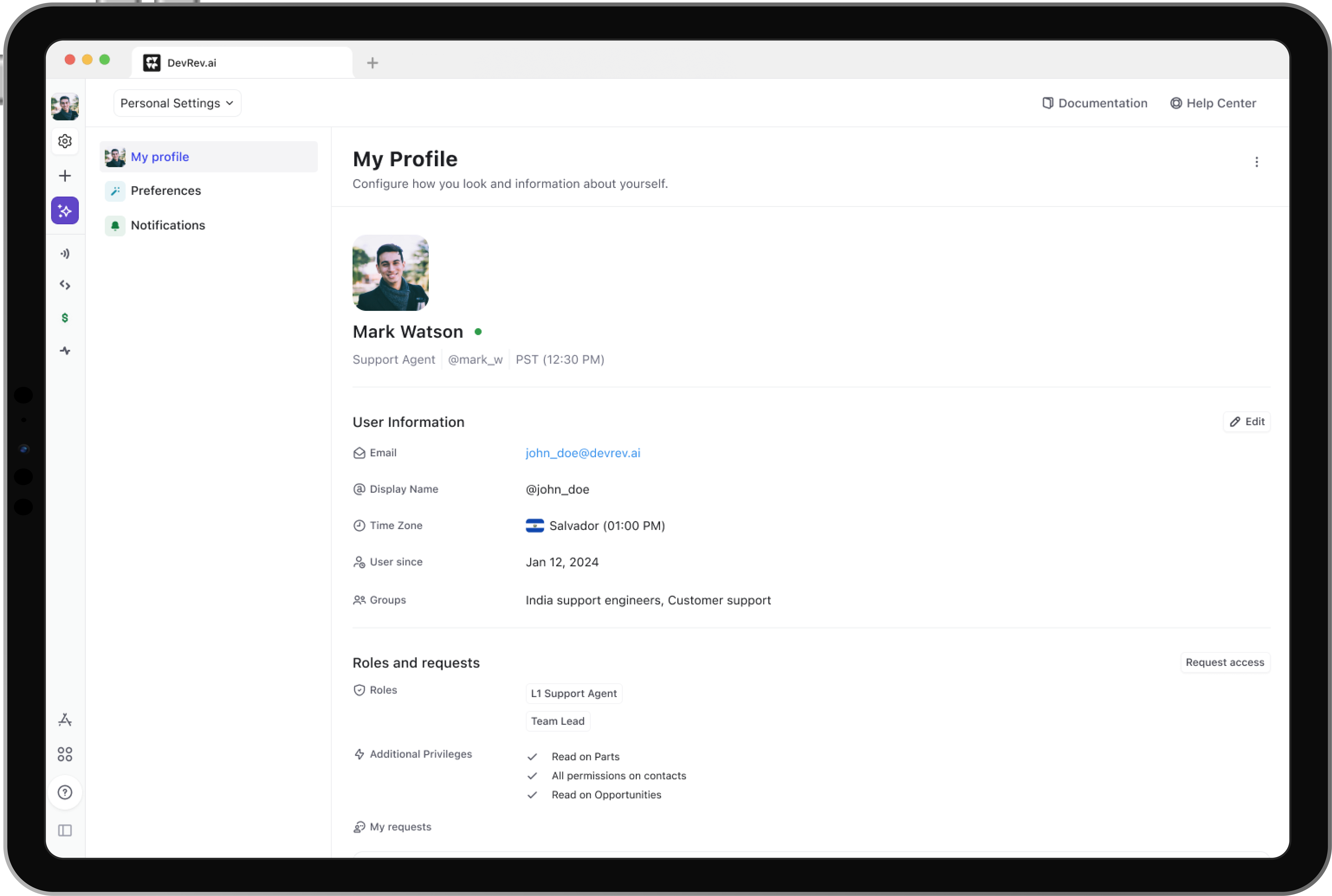 User profile with roles and privileges